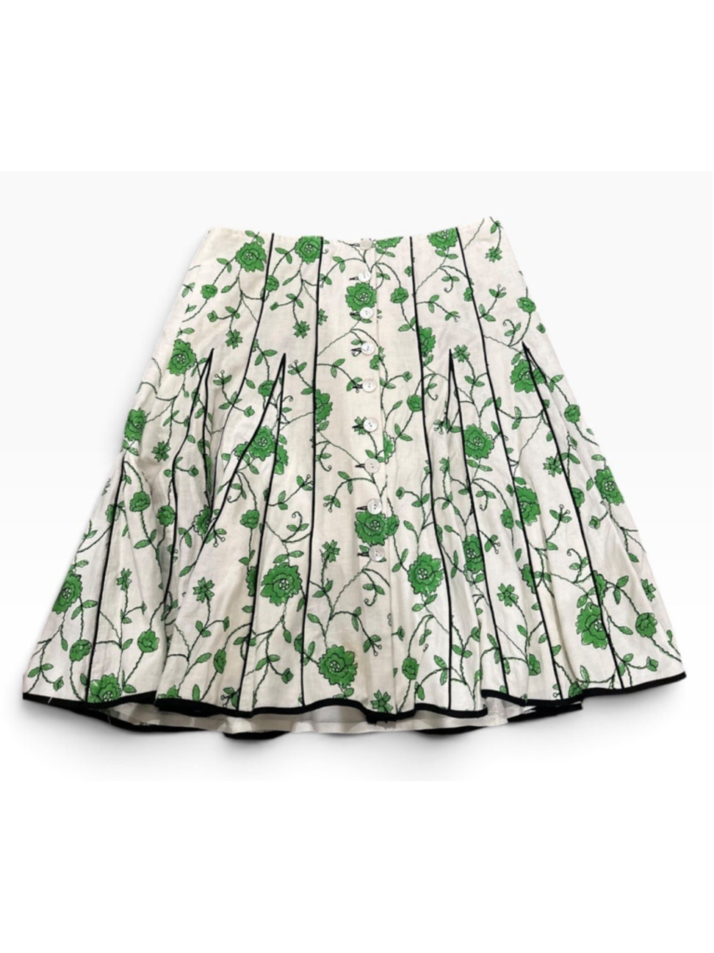 Nanette Lepore Size 10 Skirt White Green Floral Embroidery Contrast Trim Midi